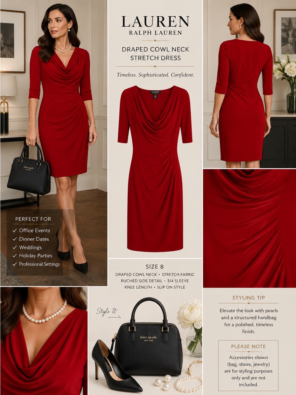Lauren Ralph Lauren Red Draped Cowl-Neck Long Sleeve Dress